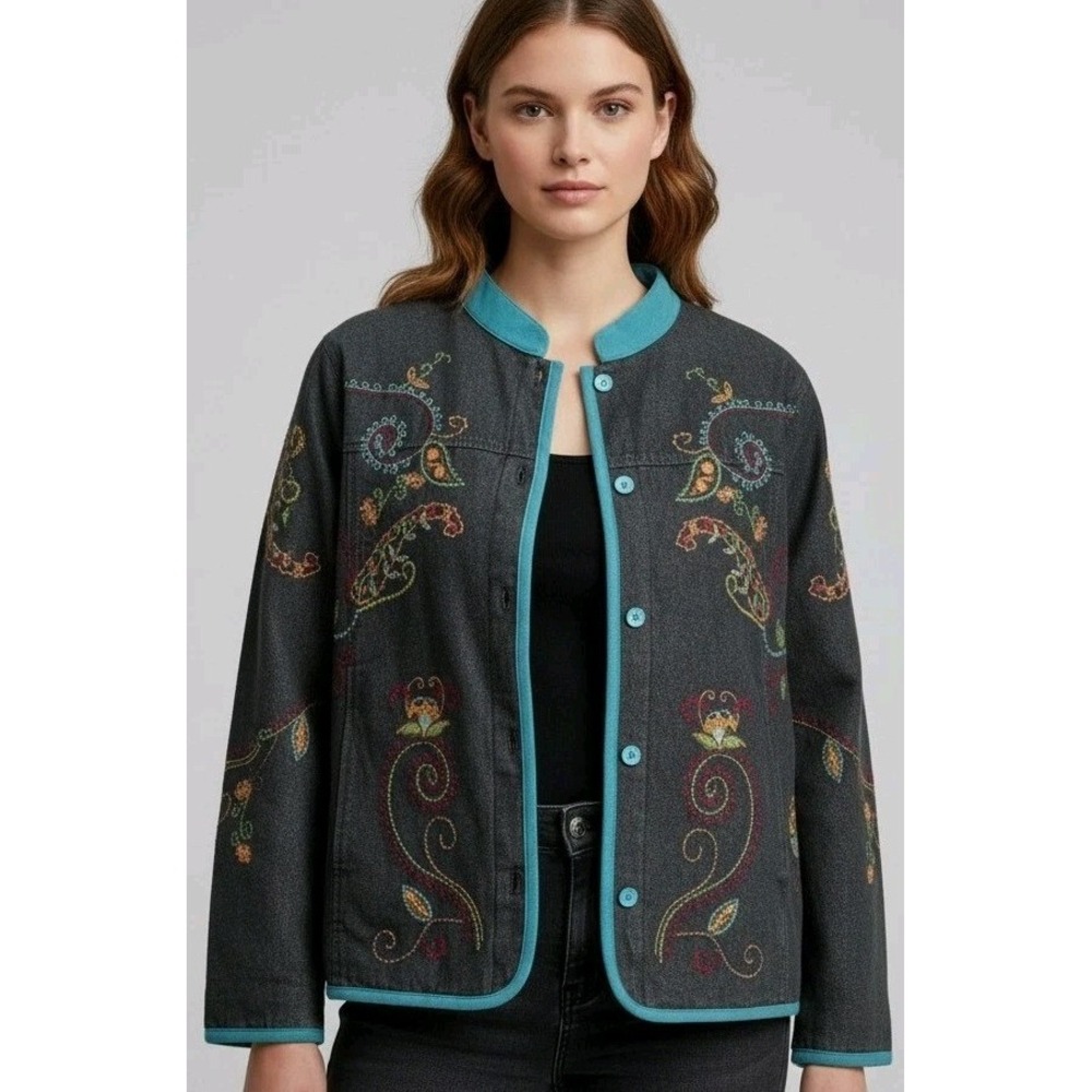 Y2K Denim & CO Paisley Embroidered Jacket Women's Size 1X Boho Retro Chic Vtg
